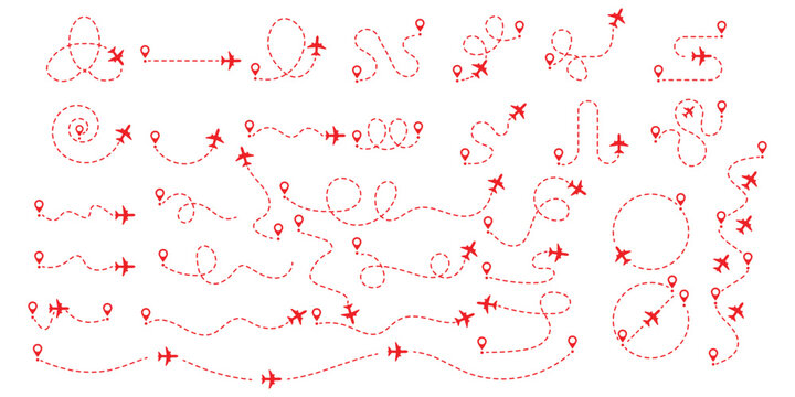 Airplane flight path routes with pin map pointers, airplane dashed trace line infographic element vector set. Airplane flight path with dashed line and map pin route. Long squiggle dashed.