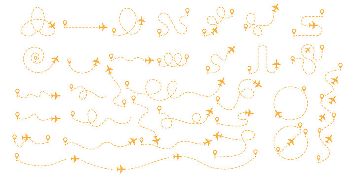Airplane flight path routes with pin map pointers, airplane dashed trace line infographic element vector set. Airplane flight path with dashed line and map pin route. Long squiggle dashed.