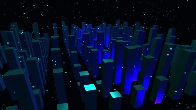 Futuristic digital data stream with glowing blue 3D blocks and cyan particles on dark background motion graphic loop