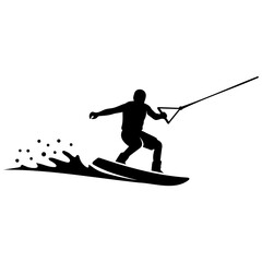 Fototapeta premium Water skier silhouette gliding over waves while holding rope during active sports session.
