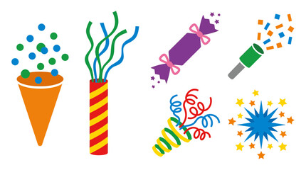 Obraz premium Party Celebration Icons Set with Confetti and Fireworks Vector Illustration