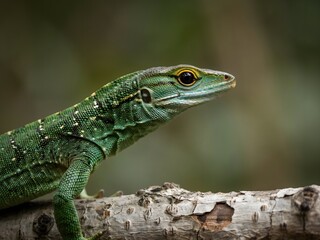Fototapeta premium Close-up green lizard perched on weathered birch branch in natural habitat