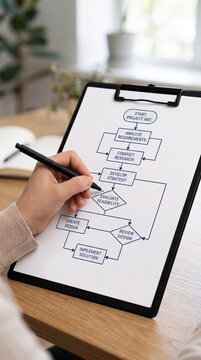 Hand drawing a business flowchart on a clipboard, representing project planning and strategy, ideal for corporate or educational concepts