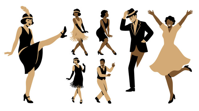 Roaring Twenties Dancers Illustration Set in Retro Art Deco Style