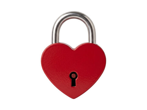 Red heart shaped padlock isolated on transparent background, locked decorative lock with metal shackle, romantic security symbol and small keyhole accent