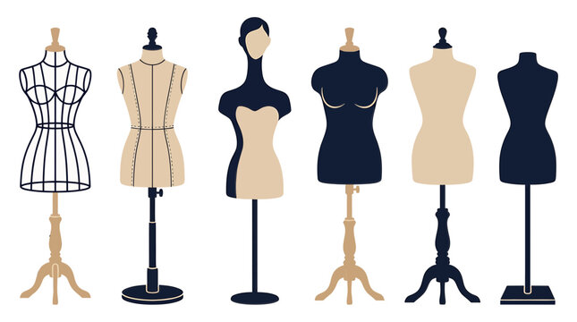 Fashion mannequin set, flat vector illustration of dress forms for tailor and boutique