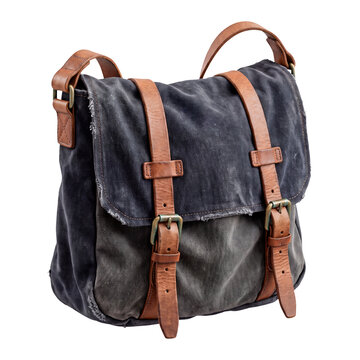 Vintage canvas mail bag with leather straps isolated on a white and transparent background.