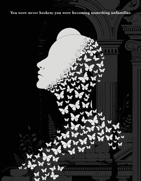 vector illustration of a human profile dissolving into a swarm of butterflies