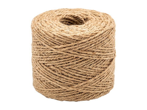 Natural jute twine spool coiled on transparent background, close up of textured fiber roll for crafting, packaging, gardening and household use
