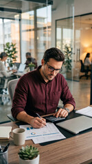 Obraz premium Man in glasses calculating at desk with laptop and charts, showing business work and concentration, representative of office environment.