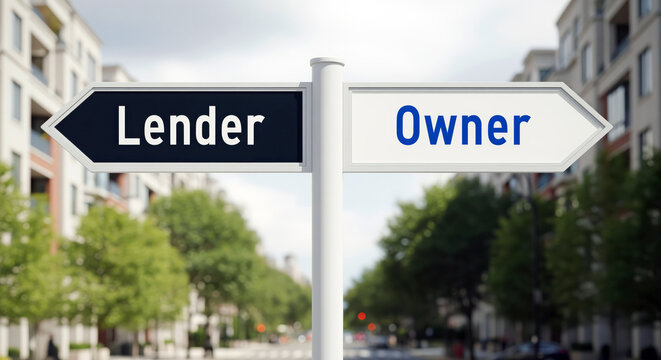Home loan decision marked Lender and Owner, mortgage borrowing versus property ownership for house buyers comparing financing terms, monthly payments and routes to purchasing a residential home