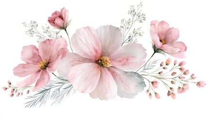Fototapeta premium Delicate Watercolor Floral Arrangement, Soft Pink Blossoms and Greenery, Elegant Botanical Design for Invitations and Celebrations isolated on White Background