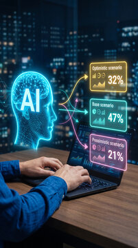 AI brain analysis with charts showing optimistic, base, and pessimistic scenarios, symbolizing future projection and data visualization