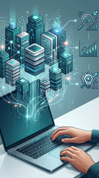 Abstract digital data servers and network connections, symbolizing technology, data processing, and business growth, with space for text.