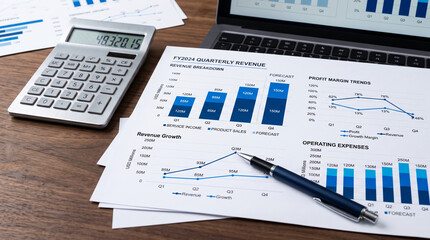 Obraz premium Calculator and charts on a wooden desk, symbolizing financial analysis, business growth, and data reporting, ideal for corporate or economic themes