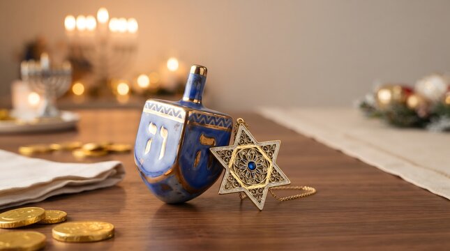 Hanukkah Dreidel and Star of David Necklace with Chocolate Gelt and Blurred Menorah Lights