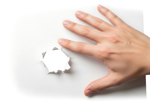 A hand reaching for a piece of white paper with a hole