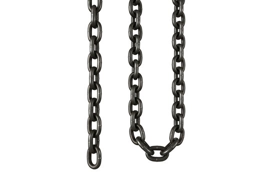 A close-up of a metal chain on a white background