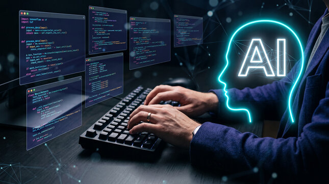 Man typing on keyboard with glowing AI head and code on screen, symbolizing technology, innovation, and artificial intelligence development