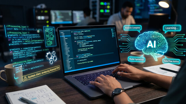 Person typing code on a laptop with AI graphics, showcasing development and learning, symbolizing innovation and technological progress.