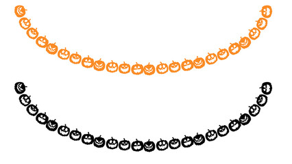 Fototapeta premium Two rows of jack o lantern pumpkin garland in orange and black silhouette vector illustration with jackolantern halloween decoration silhouette seasonal elements traditional celebration