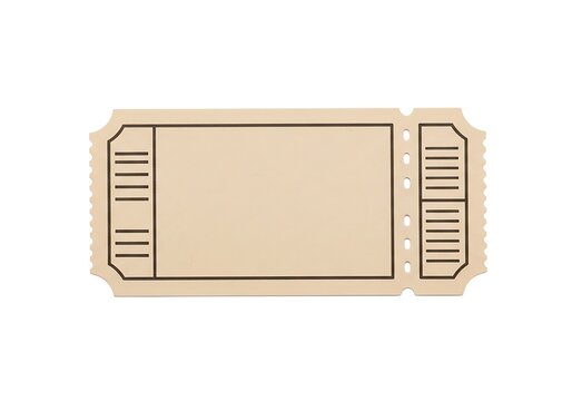 A beige ticket stub with a black outline and horizontal lines on either side