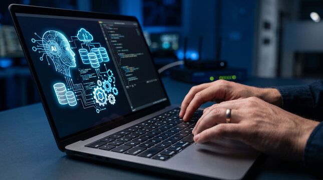 Laptop screen displays AI network, data stacks, and gears, representing technological innovation, data processing, and future concepts, with hands typing.