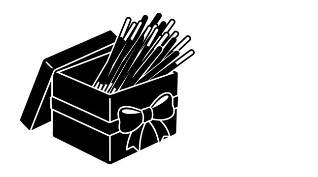 Black and White Vector Illustration of a Ribbon Gift Box Filled with Pepero Chocolate Biscuit Sticks