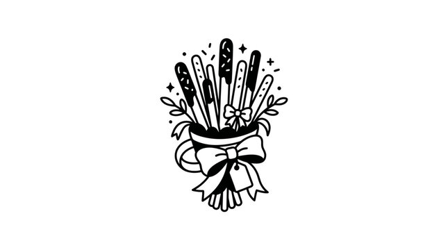 Hand Drawn Pepero Chocolate Stick Bouquet in a Mug with Ribbon for Pepero Day Celebration Vector