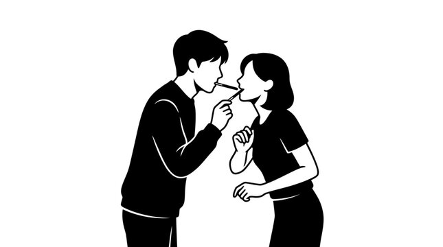 Romantic Young Couple Playing Pepero Game or Pocky Game Challenge with Chocolate Biscuit Stick Snack