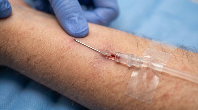 Close-up of intravenous catheter inserted into a patient arm vei
