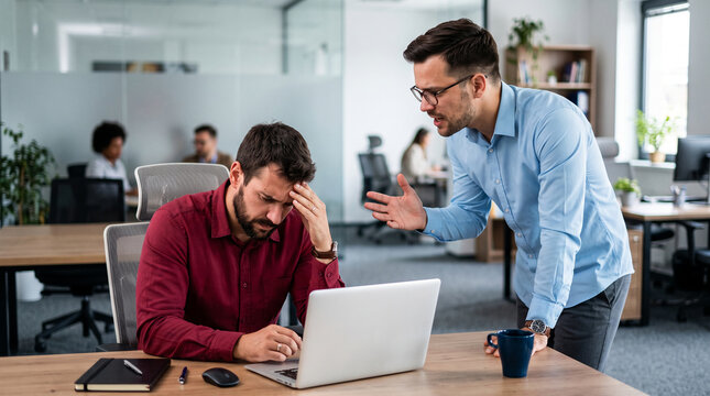 Two businessmen in an office, one stressed with head in hand, the other speaking intensely, symbolizing work pressure, conflict, and professional stress.