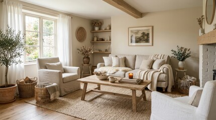 Fototapeta premium Cozy neutral living room with natural textures and warm ambient lighting