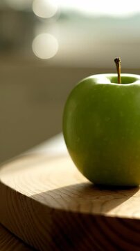 Single green apple on a wooden surface, bathed in soft natural light.