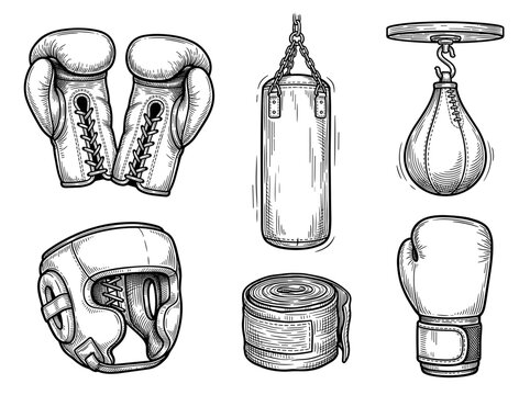 Boxing gear doodle collection, lace up gloves and heavy bag in engraved ink style, vector sports icons