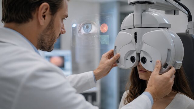 Ophthalmologist positioning a digital eye examination device on a female patient