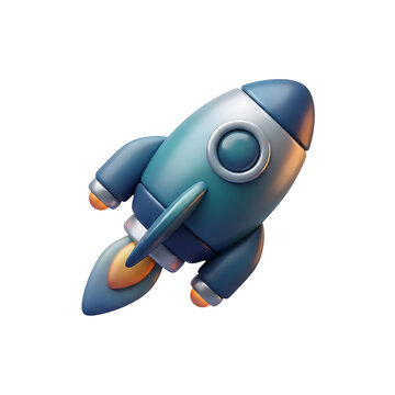 A stylized 3d cartoon rocket ship blasting off into space with bright fire effects transparent background