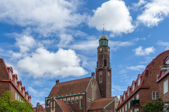 Engelbrekt Church tower and nave against blue sky