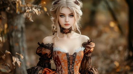 Fototapeta premium Young woman in vintage Victorian corset dress posing in an autumn forest landscape