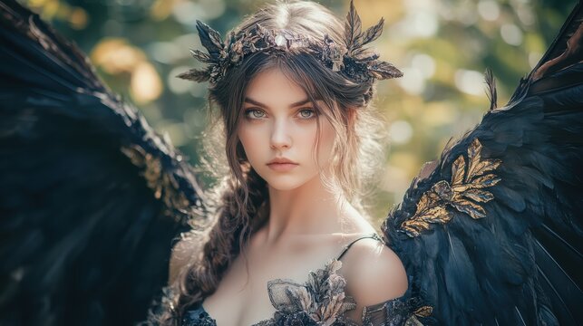 Portrait of a beautiful young woman with black angel wings and a dark floral crown.