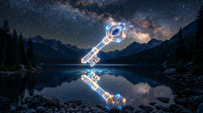 Glowing digital key floating above a mountain lake reflection at night