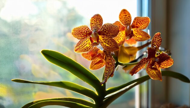 a beautiful tiger orchid flower in a blurry background on a window indoors at home a flower of a bright orchid on a blur background selective focus nature