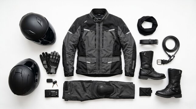Motorcycle Gear Essentials: A comprehensive flat lay showcasing essential motorcycle riding gear, including helmets, jacket, pants, gloves, and boots, all in a sleek black finish.