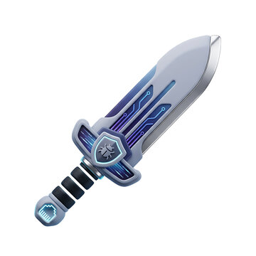 Futuristic digital sword with bug shield and circuit board design elements on a white background transparent background