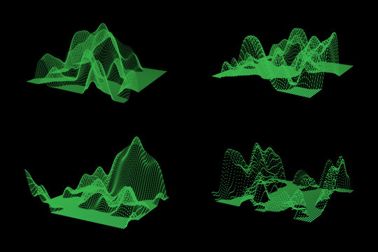 Set of abstract 3d wireframe landscapes, digital terrain models with green glowing grid lines, futuristic topographical maps