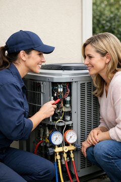 Female hvac technician repairing residential air conditioner unit with gauges and tools for service company banner and maintenance background
