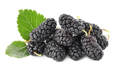 Pile of ripe mulberries and green leaves isolated on white © New Africa