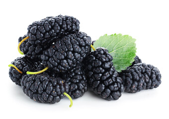 Pile of ripe mulberries and green leaf isolated on white © New Africa
