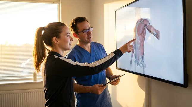Medical professional explaining bone health and anatomy to a patient for World Osteoporosis Day awareness