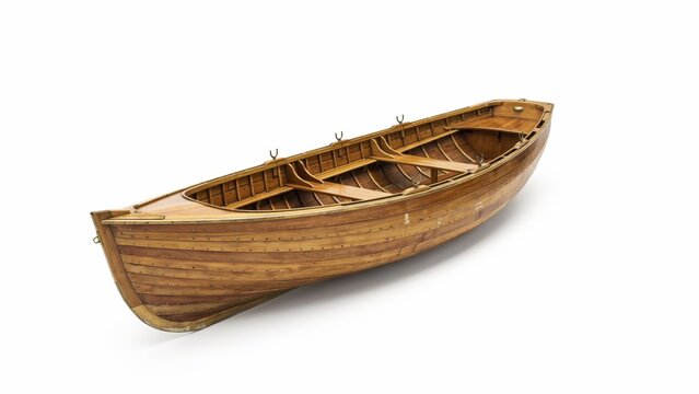 Vintage wooden rowboat on white background. Antique timber canoe with internal ribbing. Classic handcrafted rowing boat for lake recreation.